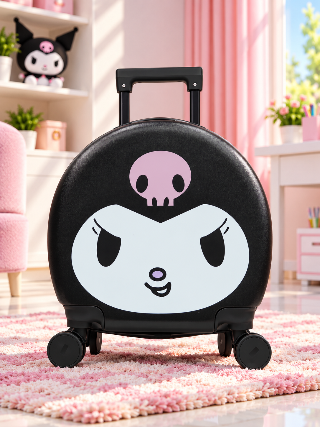 Black 14x15 in rolling trolley with skull face graphic, front wheels and top handle